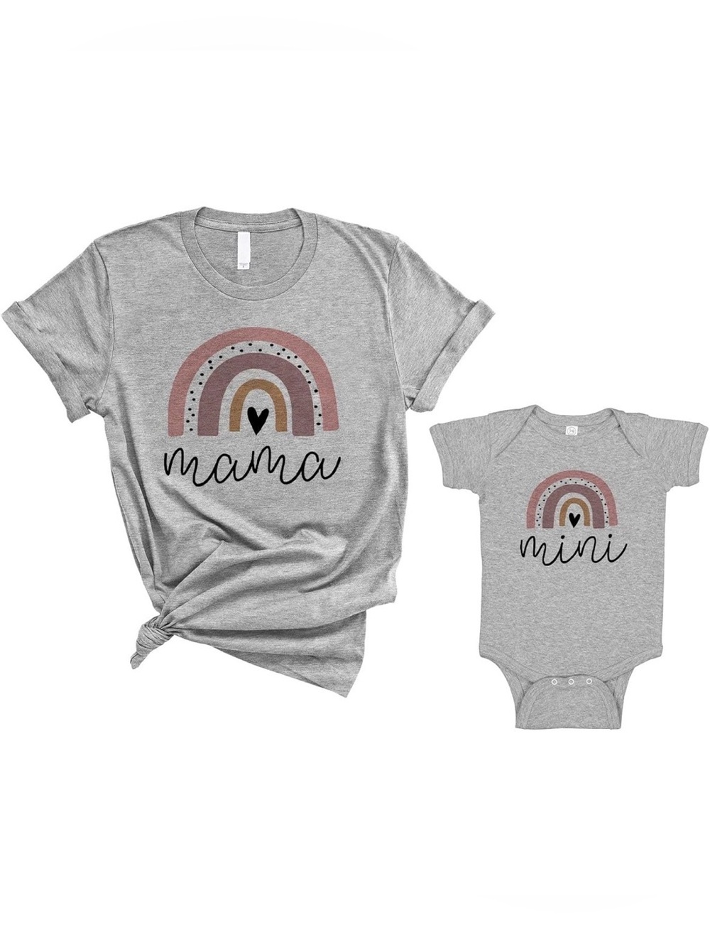Mama & Mini Matching Grey Rainbow Tee and Bodysuit Set, size small and newborn